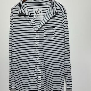 Hiho Womens Navy Blue White Striped Long Sleeve Button Down Beach Cover Up Large